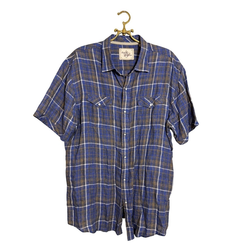 Age of Wisdom Linen Plaid Button Up Short Sleeve Shirt Mens XXL/TTG